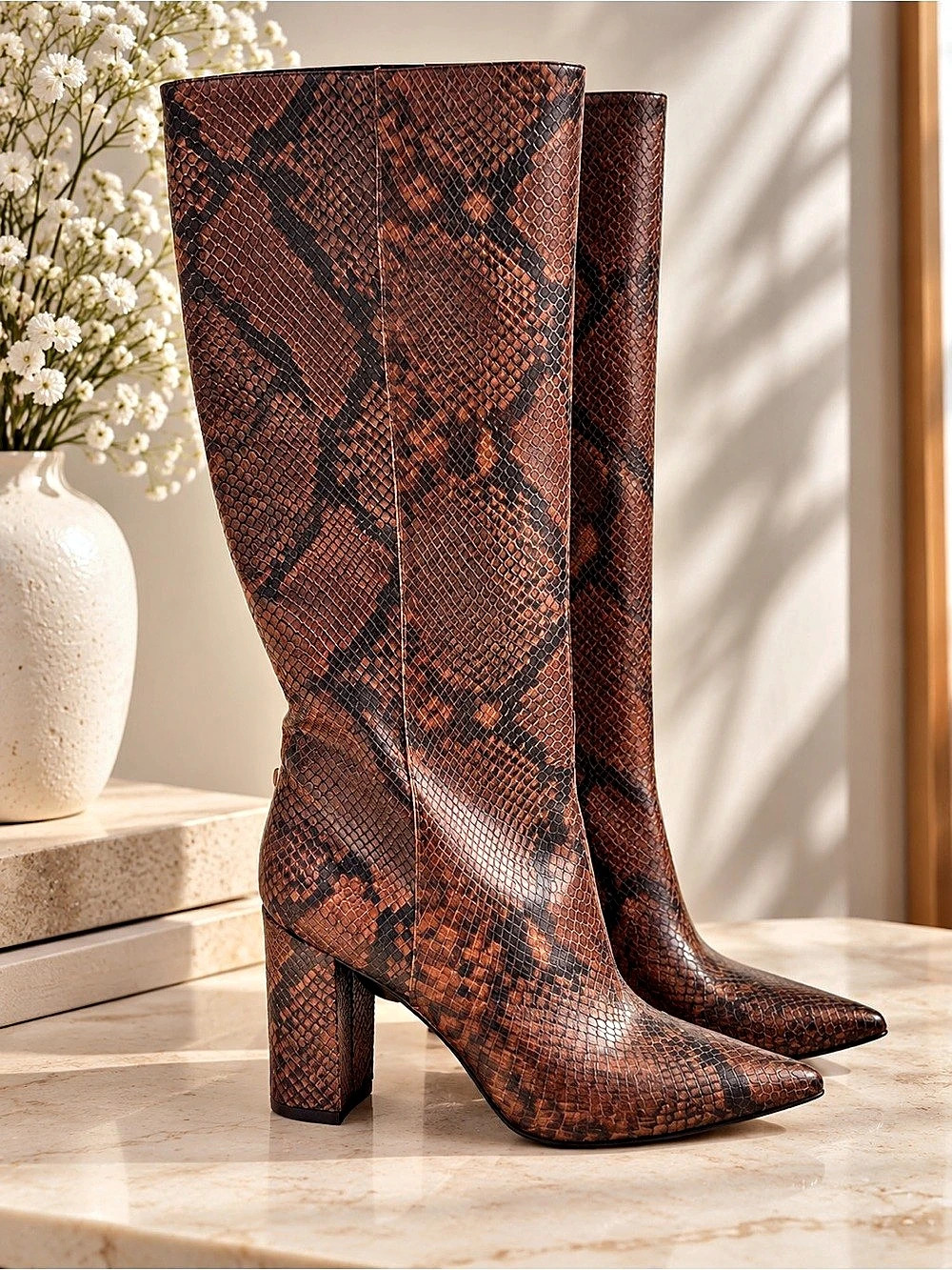 INC International Concepts Snakeskin-Print Brown Heeled Boots